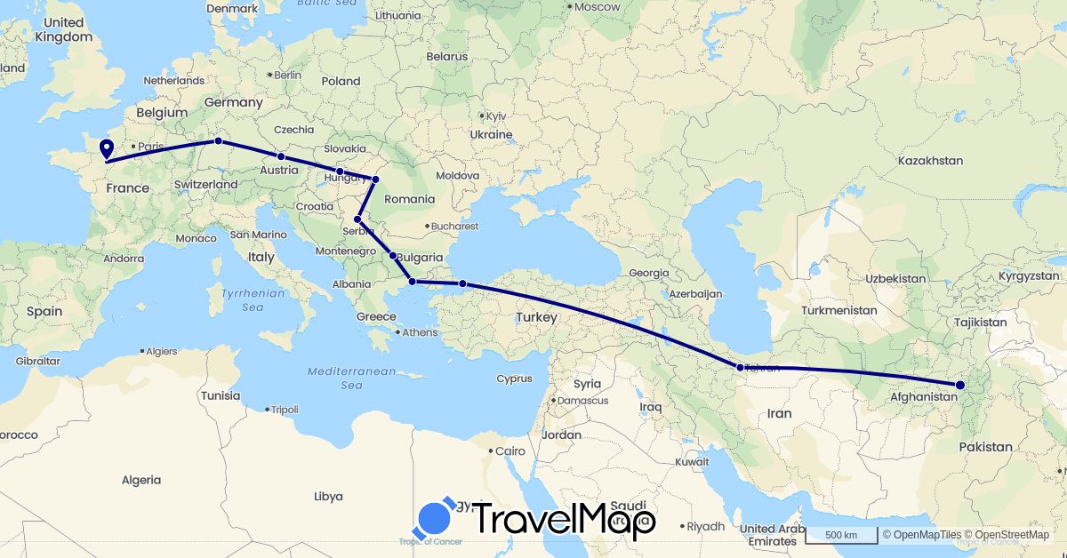 TravelMap itinerary: driving in Afghanistan, Austria, Bulgaria, Germany, France, Greece, Hungary, Iran, Romania, Serbia, Turkey (Asia, Europe)