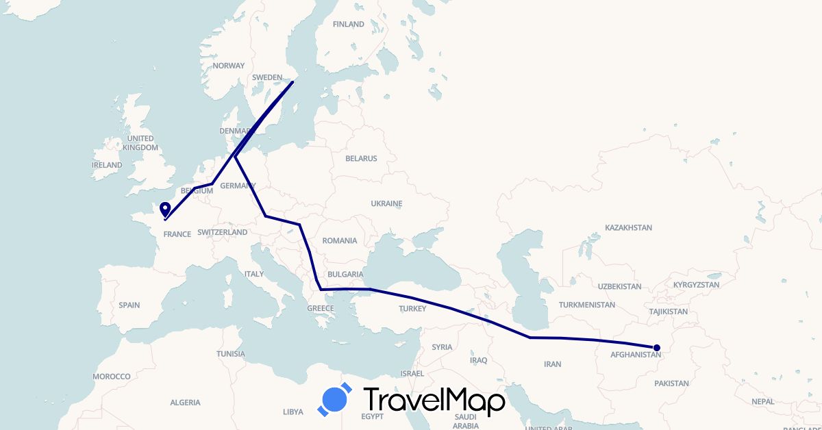 TravelMap itinerary: driving in Afghanistan, Austria, Belgium, Germany, France, Greece, Hungary, Iran, Macedonia, Serbia, Sweden, Turkey (Asia, Europe)