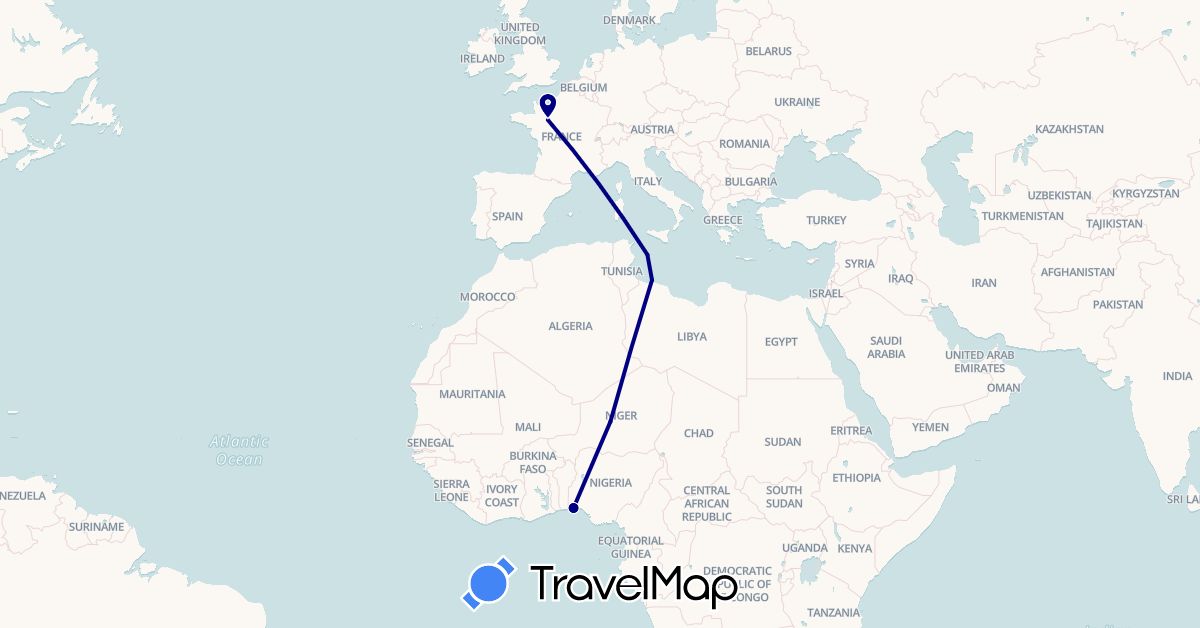 TravelMap itinerary: driving in France, Italy, Libya, Niger, Nigeria (Africa, Europe)