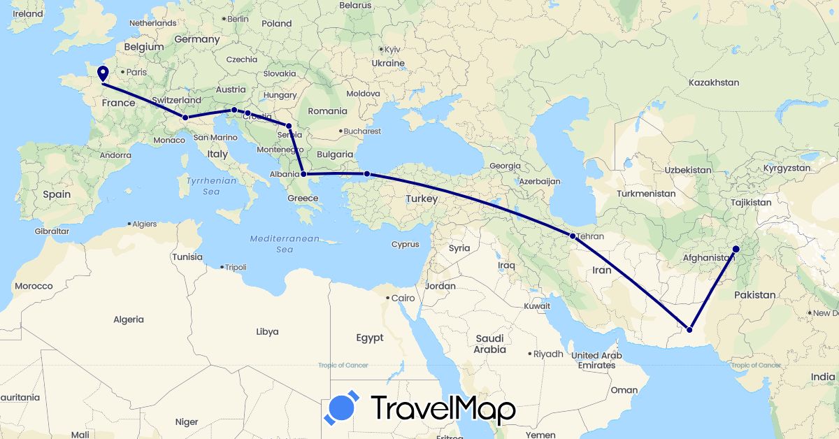 TravelMap itinerary: driving in Afghanistan, France, Greece, Croatia, Iran, Italy, Pakistan, Serbia, Slovenia, Turkey (Asia, Europe)