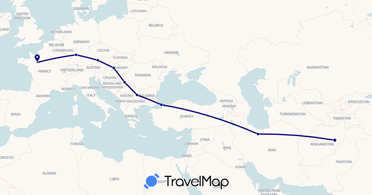 TravelMap itinerary: driving in Afghanistan, Austria, Bulgaria, Germany, France, Hungary, Iran, Serbia, Turkey (Asia, Europe)
