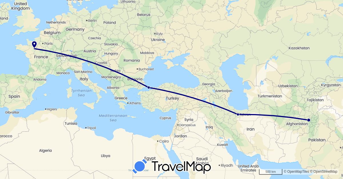 TravelMap itinerary: driving in Afghanistan, France, Iran, Turkey (Asia, Europe)