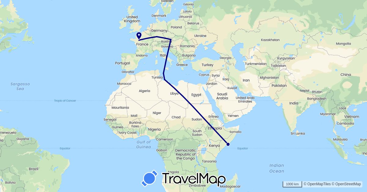 TravelMap itinerary: driving in Austria, Germany, Ethiopia, France, Italy, Libya, Sudan, Somalia (Africa, Europe)