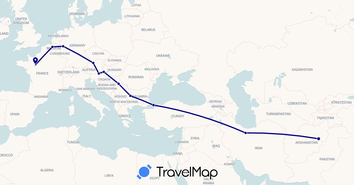 TravelMap itinerary: driving in Afghanistan, Austria, Belgium, Bulgaria, Germany, France, Hungary, Iran, Serbia, Slovenia, Turkey (Asia, Europe)