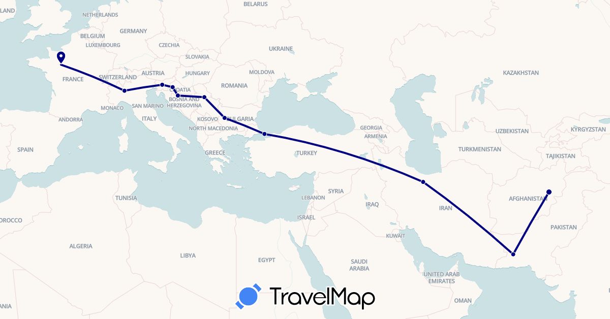 TravelMap itinerary: driving in Afghanistan, Bosnia and Herzegovina, Bulgaria, France, Croatia, Iran, Italy, Pakistan, Serbia, Slovenia, Turkey (Asia, Europe)