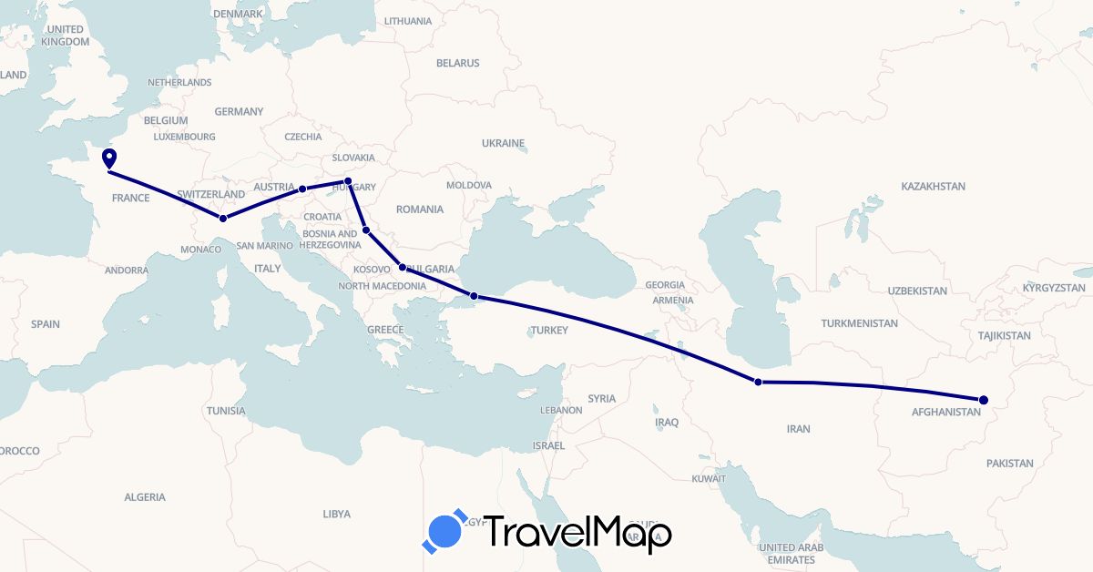 TravelMap itinerary: driving in Afghanistan, Austria, Bulgaria, France, Hungary, Iran, Italy, Serbia, Turkey (Asia, Europe)