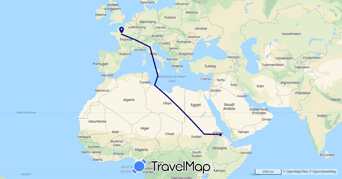 TravelMap itinerary: driving in Eritrea, France, Italy, Libya, Malta, Sudan (Africa, Europe)