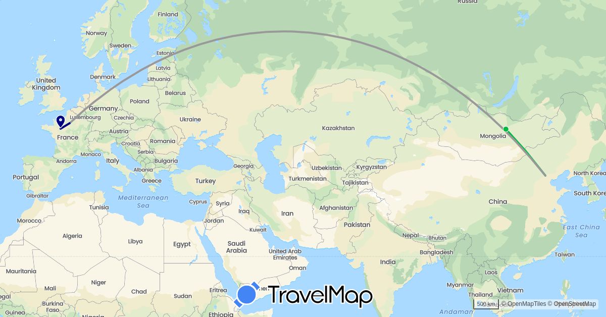 TravelMap itinerary: driving, bus, plane in China, France, Mongolia (Asia, Europe)