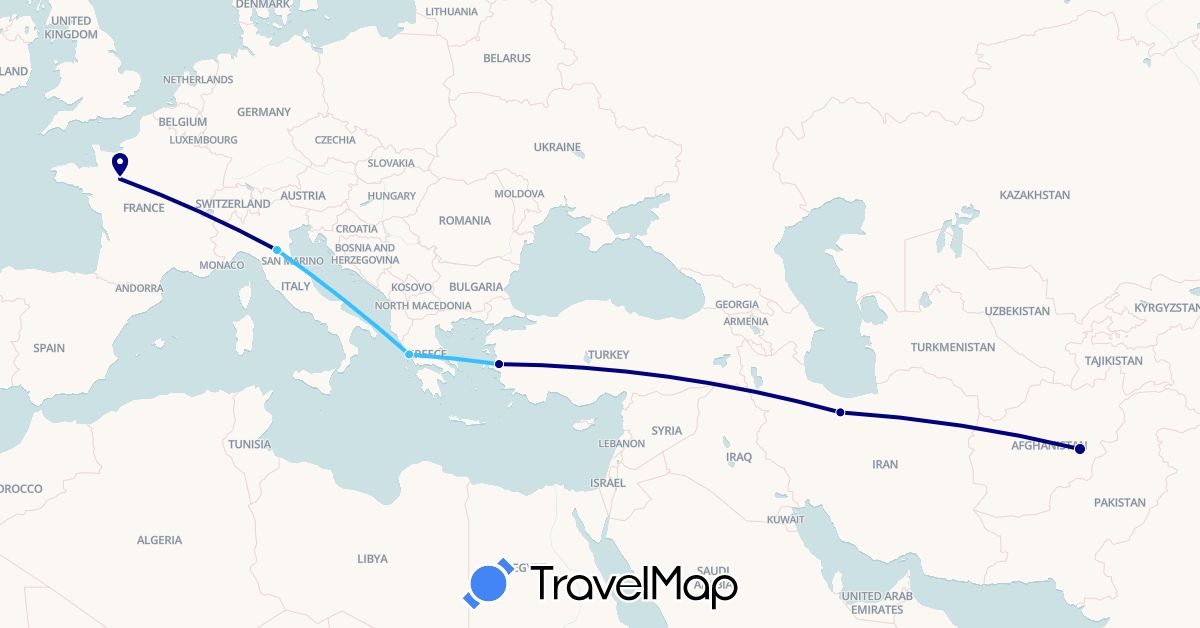 TravelMap itinerary: driving, boat in Afghanistan, France, Greece, Iran, Italy, Turkey (Asia, Europe)