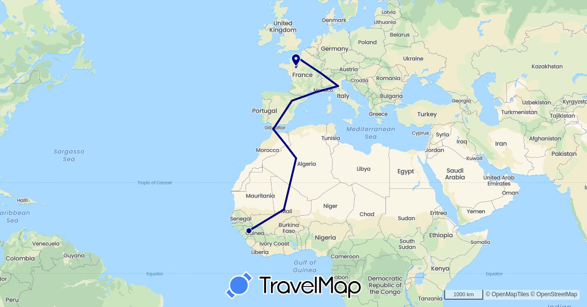 TravelMap itinerary: driving in Algeria, Spain, France, Guinea, Italy, Morocco, Mali (Africa, Europe)