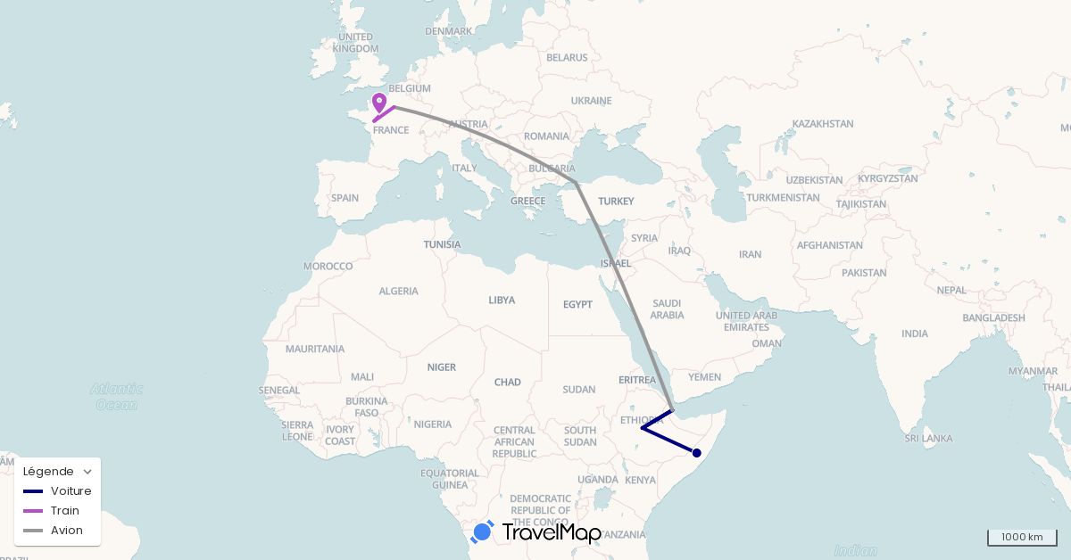 TravelMap itinerary: driving, plane, train in Djibouti, Ethiopia, France, Somalia, Turkey (Africa, Asia, Europe)
